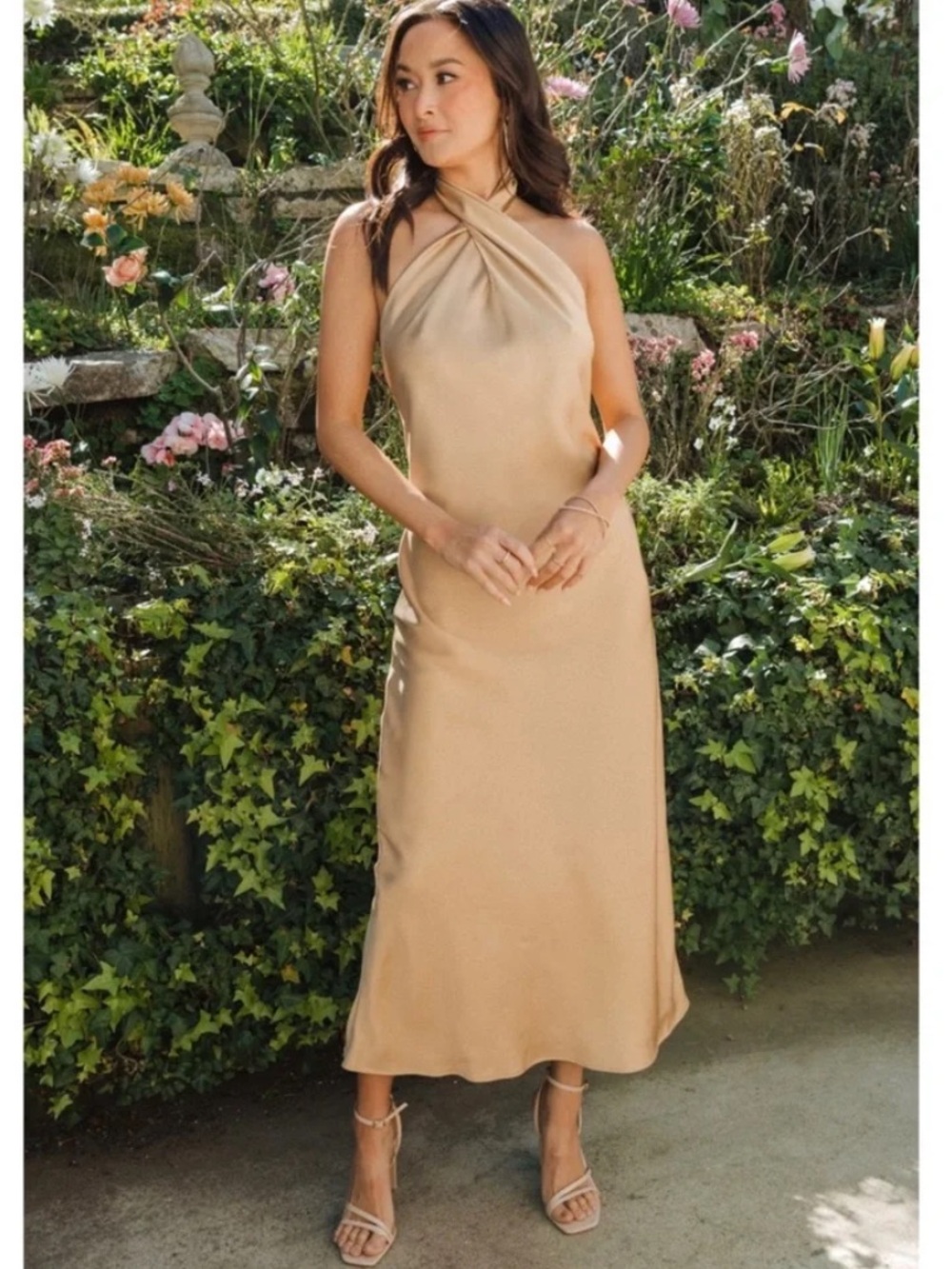 Show me your Mumu Jasmine halter Twist-Neck Midi Dress in gold